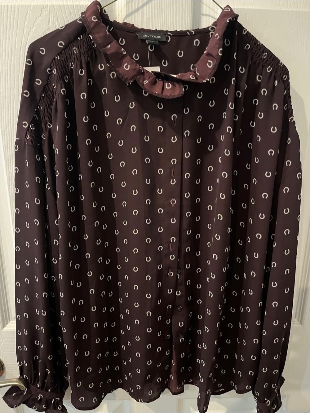 Ann Taylor  Brown Long-Sleeve Ruffle Collar Blouse with White Horseshoe Print